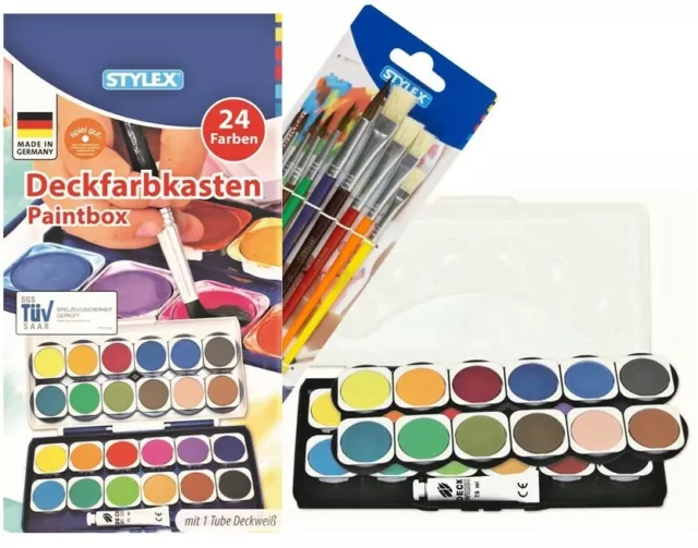Deckfarbkasten 24 Farben + Deckweiß + 10 Pinsel Tuschkasten Farbkasten