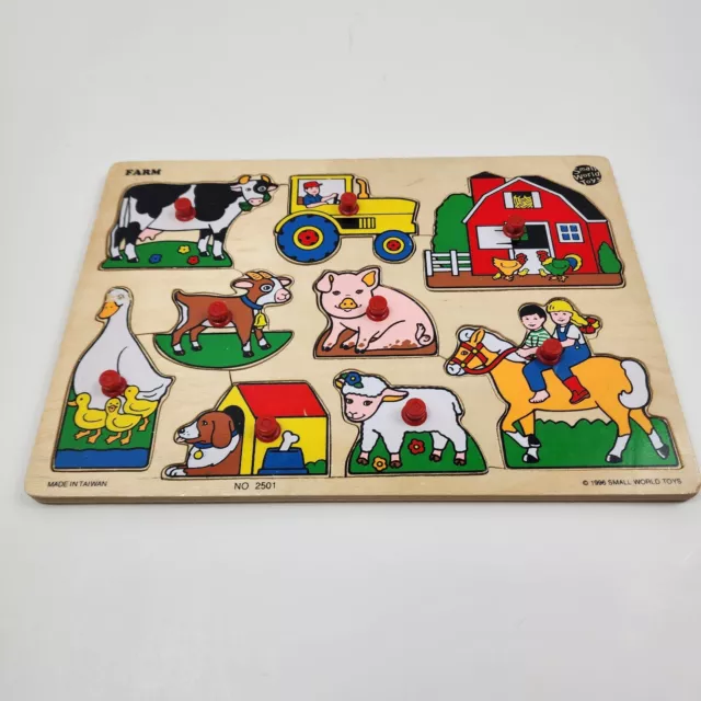 Vintage 1996 Wooden Peg Puzzle Small World Toys Farm #2501 Barn Animals Tractor