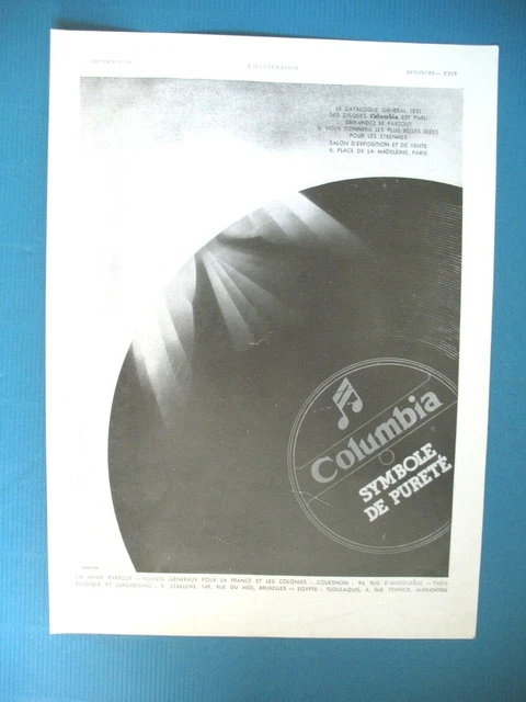 PUBLICITE DE PRESSE COLUMBIA DISQUES SON SYMBOLE DE PURETé FRENCH AD 1930