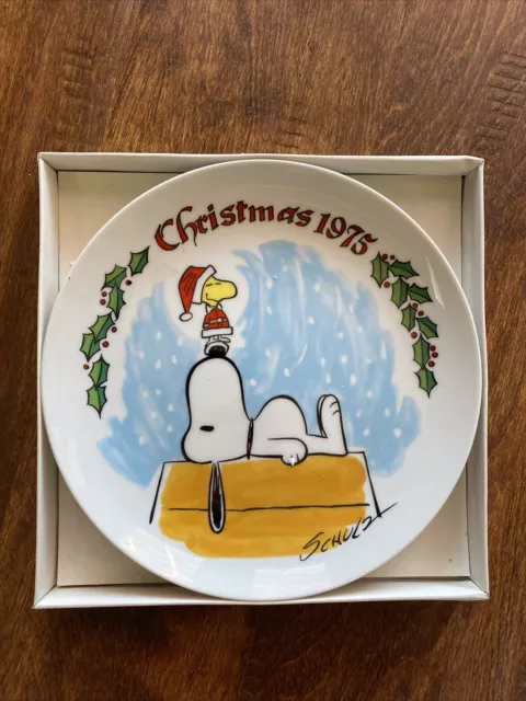 Vintage Schmid Peanuts 1975 Snoopy & Woodstock Dog House Christmas Plate In Box