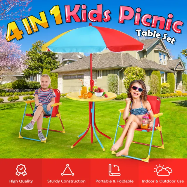 Kids Table and Chairs Set 4 In 1 Outdoor Picnic Children Desk Seat Folding Beach