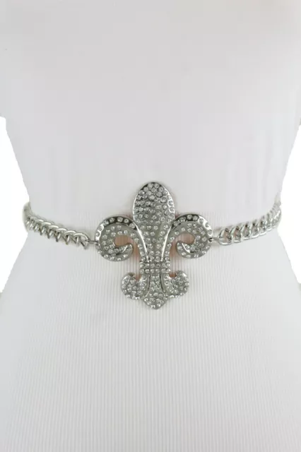 Women Silver Metal Chain Fashion Hip Waist Belt Fleur De Lis Charm Size M L XL 2