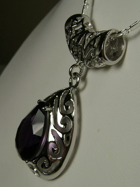 Amethyst Pendant, Tear Drop Gem Sterling Silver Filigree Necklace P28 3