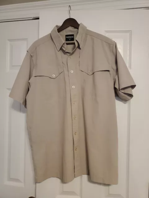 Shimano Shirt Mens Medium Button Down Short Sleeve Vented Fishing Tan Net Lined