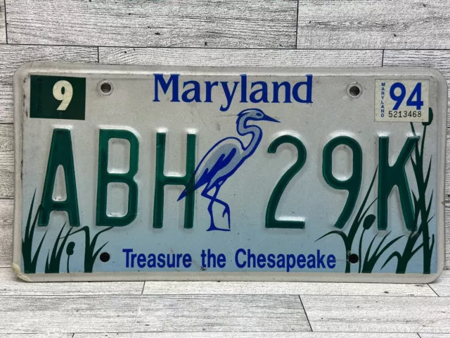 Maryland License Plate - Treasure The Chesapeake - Heron Bird - 09/1994 - ABH29K
