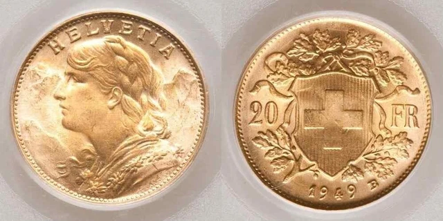 1949B Beautiful Gold Coin Switzerland Swiss Confederation Twenty Francs MS65