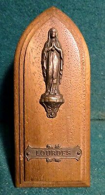 Old WOOD DESK PLAQUE w/ METAL STATUE OF OUR LADY OF LOURDES 4.72"