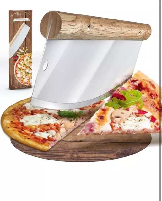 35cm Profi Pizzaschneider Edelstahl Kräuter Wiegemesser Pizzamesser Holzgriff