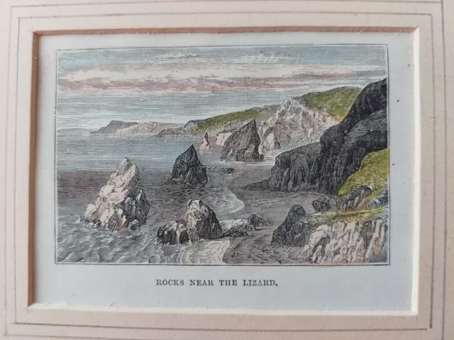 Antique 19thC mounted coloured engraving Rocks at The Lizard Cornwall