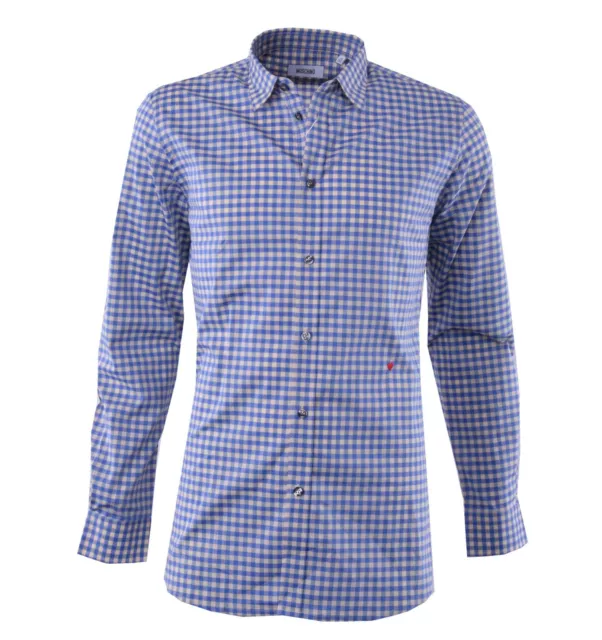 MOSCHINO Check Printed Cotton Shirt with Logo Blue White 04372