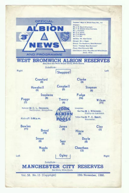 West Bromwich Albion Reserves V Manchester City Reserves 19/11/1966