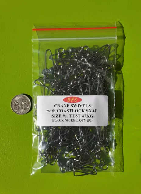 50x DFS size 1, Crane Rolling Fishing Swivels, with COASTLOCK SNAP black nickel