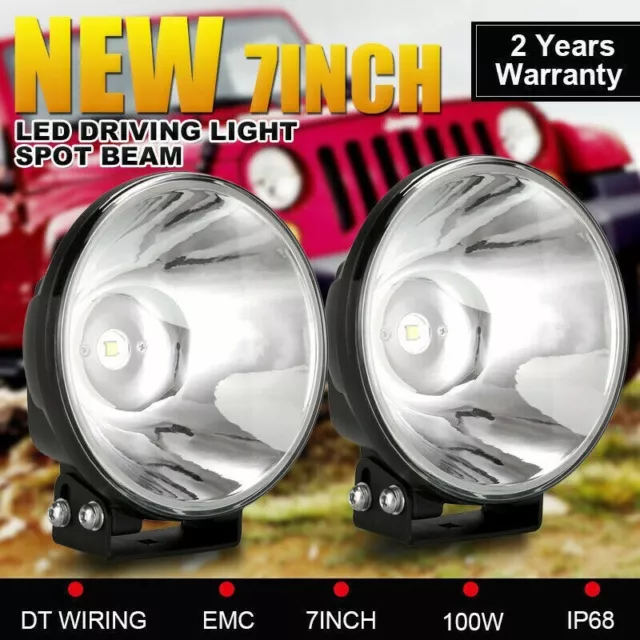 Pair 7inch LED Driving Lights SPOT BEAM Work Lamp Offroad 4x4 Black Round