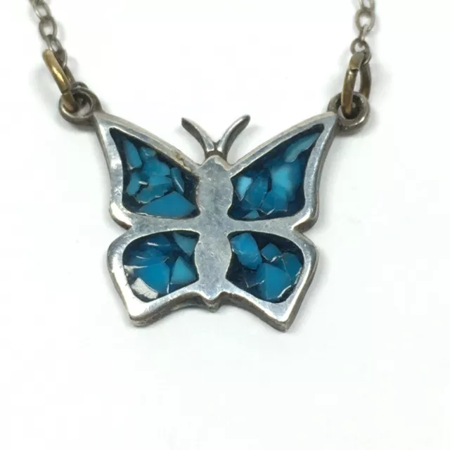 Turquoise Sterling Silver Butterfly Pendant Necklace 16" Dainty Vintage