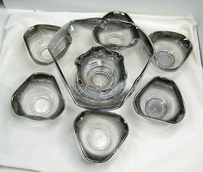 Large glass Salad bowl and 6 serving bowls and one dipping bowl with silver fade