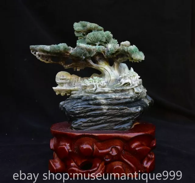 8.2" Chinese Natural Dushan Jade Carving Tree Pine deer Statue Sculpture