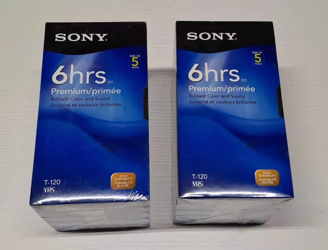 2 Five Packs Sony Premium Grade T-120 6 Hrs Blank VHS VCR Tapes NOS Sealed New