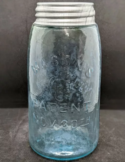 Masons CFJCo Patent Nov 30th 1858 Aqua Blue XH7 Quart Fruit Jar 7.5"