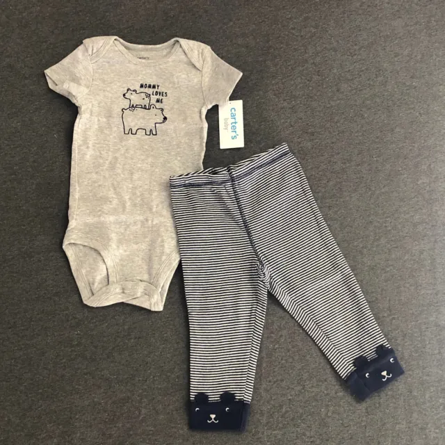 CARTERS Baby Boys 2 Piece Set 9 Months Mommy Loves Me Bear Top Stripes Pants NWT