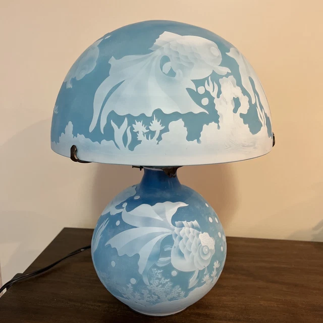 Vintage Table Galle Cameo  Glass Lamp BLUE WHITE Goldfish Signed "Yall” - 15" T