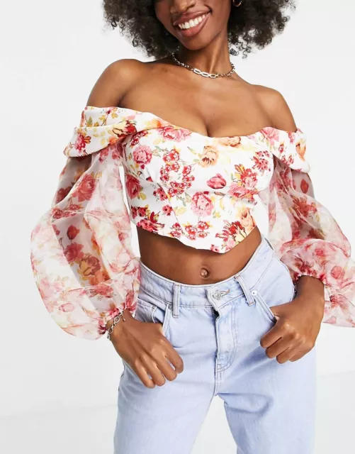 ASOS DESIGN Fallen Shoulder Top Organza Sleeve Pink Floral Party Cocktail 14 NWT