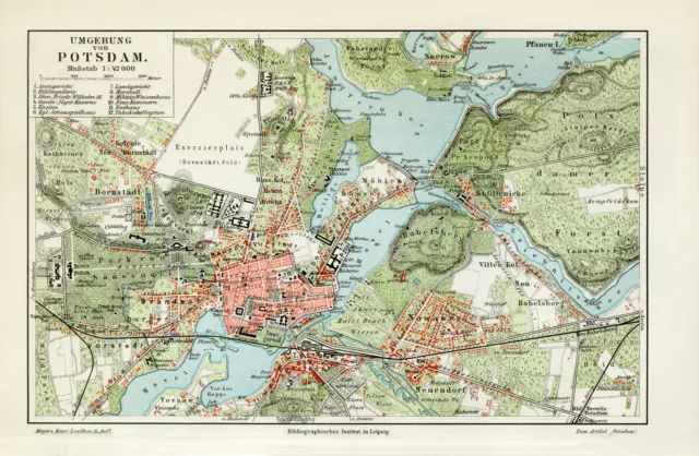 Potsdam historischer Stadtplan Karte Lithographie ca. 1907 antike Stadtkarte