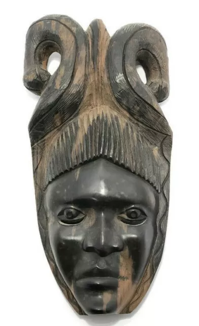 African Hand Craved Ebony Mask Antique Vintage Handmade Brown Wooden Figurine