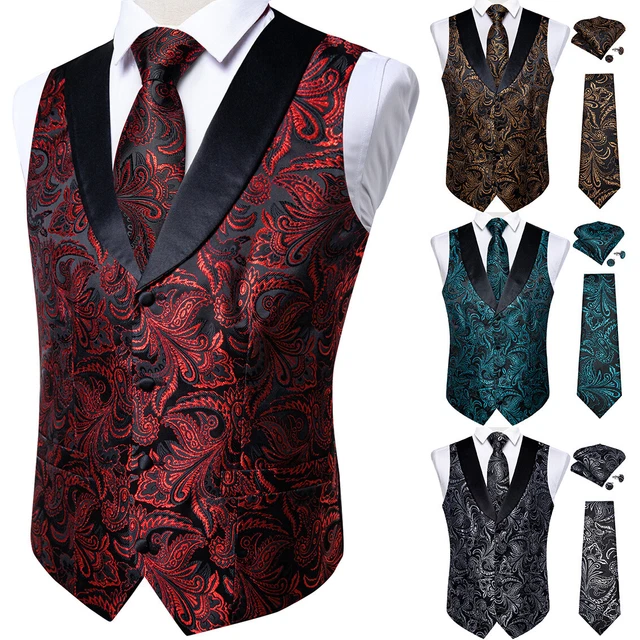 Mens Formal Wedding Waistcoat Paisley Floral Suit Vest Slim Tuxedo Silk Tie Set