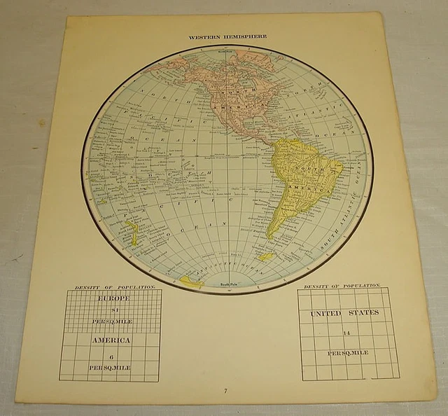 1889 Antique MAP of WESTERN HEMISPHERE/Hand Colored
