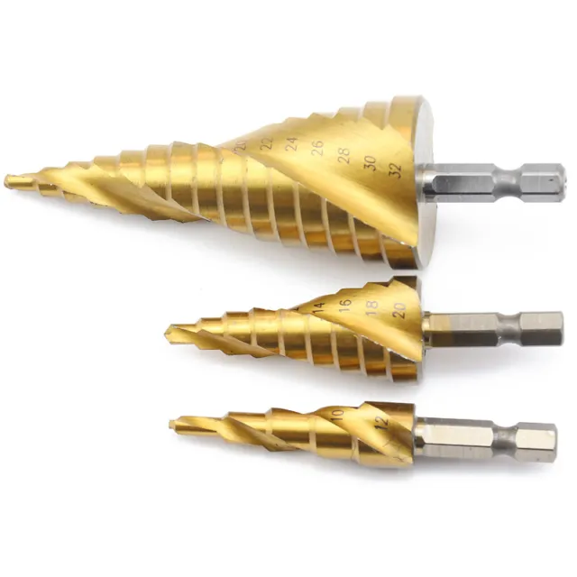 3PCS Hex Spiral Grooved Step Conical Cone Drill Bit Set Hole Cut 4-12/20/32mm
