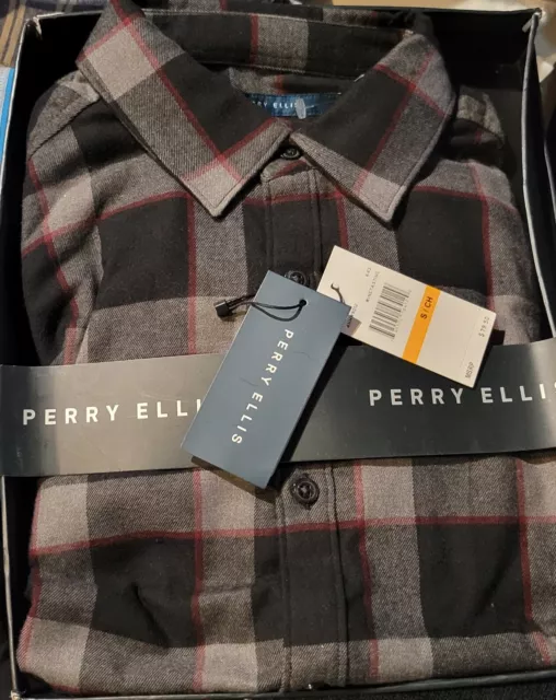 Perry Ellis Untucked Shirt Men's Size Small Black/Gray Flannel Shirt NWT B3