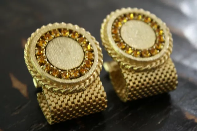 Vtg LARGE Gold Tone Sparkling Faceted Amber Prong Set Stones Mesh Wrap Cufflinks