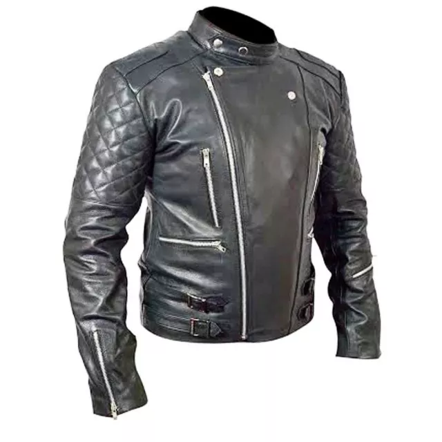 Mens Slim Fit Black Motorcycle Motorbiker Brando Classic Leather Jacket