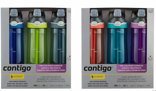 3 Pack Contigo 24oz Water Bottle with Straw - Spill Leak Proof Camping Hiking