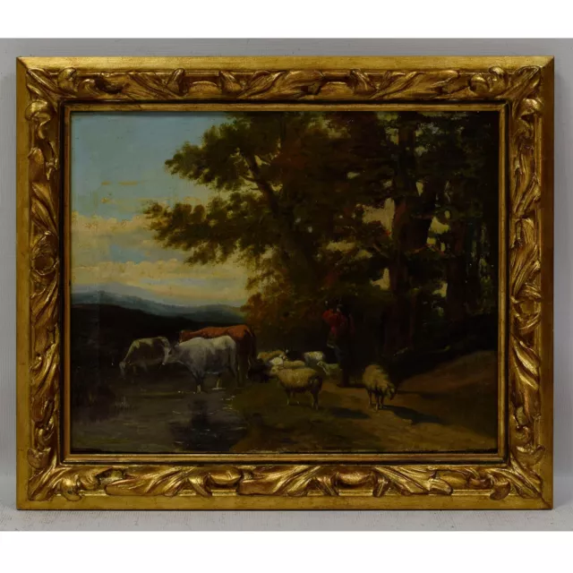 Um 1850 Altes ÖlGemälde Landschaft mit Hirte und Vieh 61x51cm