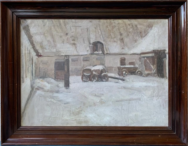 Oil Painting Old Farm IN The Winter Snow Country House With Cart Denmark