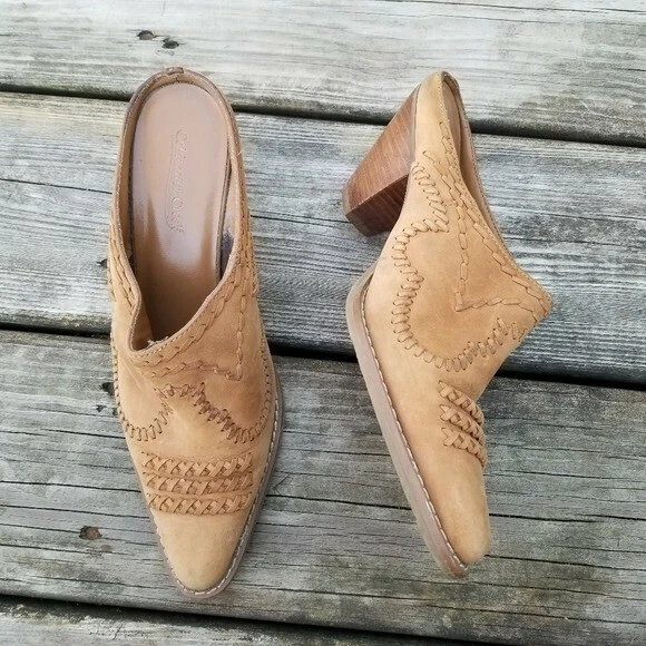 Vintage 90s y2k Camel Tan Suede Boho Western Cowgirl Whipstitch Heeled Mules 6.5