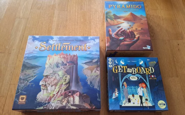 Spielepaket: Settlement, Pyramido, Get On Board Paris&Rom (2023, deutsch)