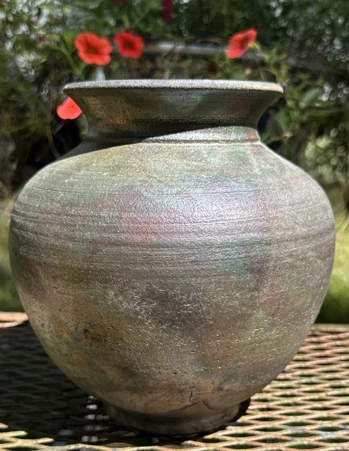 VINTAGE RAKU POTTERY Urn Pot Vase Signed WCP Iridescent