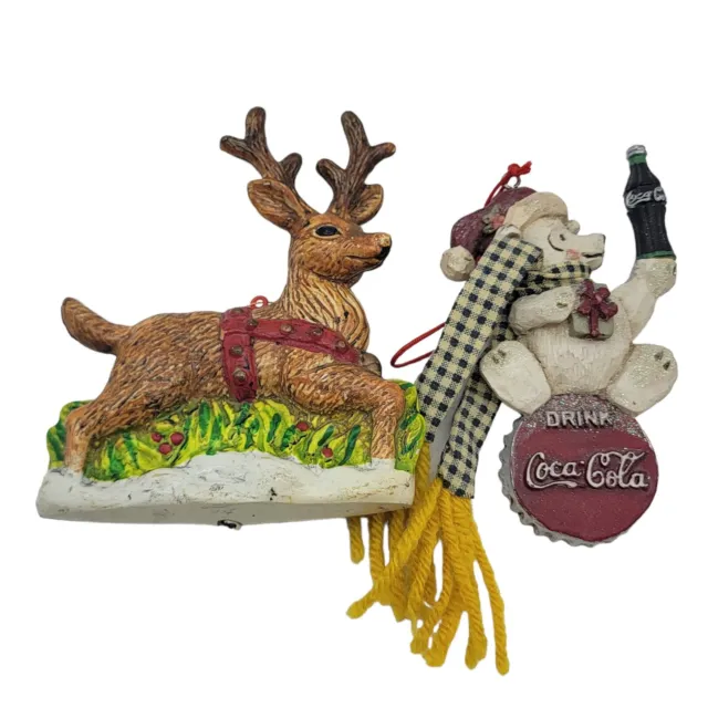 Vintage Coca Cola Polar Bear Scarf Christmas Ornament & Plastic Reindeer Lot 2