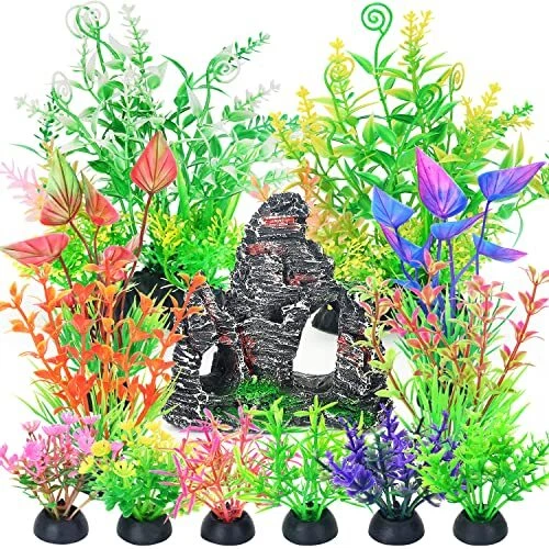 Aquarium Rock Decorations and Fish Tank Plastic Plants Decor Set 13