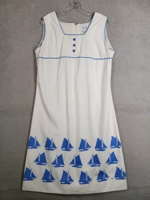 70s The Vested Gentress Sailboat Print Shift Dress Size 16 White Blue Nautical