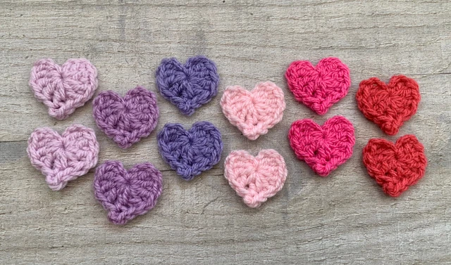 12 Handmade Crochet Pink & Purple Hearts Applique,Embellishment,Motif,Sewing