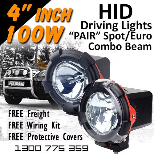 HID Xenon Driving Lights - Pair 4 Inch 100w Spot/Euro 4x4 4wd Off Road 12v 24v