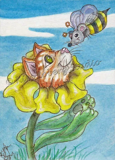 Kitty Cat flower Mouse Bee ACEO EBSQ Kim Loberg Original Fantasy bug Mini Art