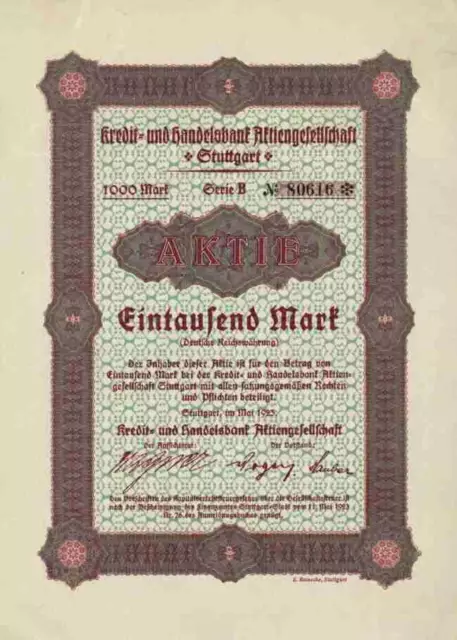 Kredit und Handelsbank AG 1923 Stuttgart Württemberg E. Reinecke Kuponbogen 1000