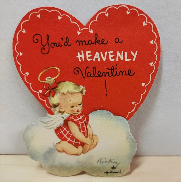 VINTAGE DIE CUT Valentines Day Card 1950s Angel On A Cloud Used