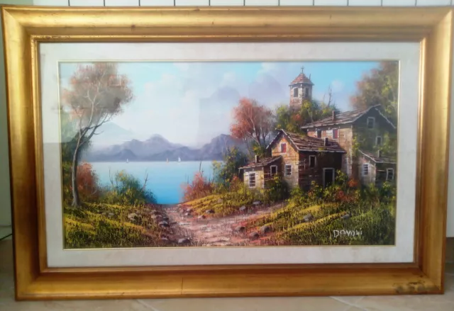 Quadro, dipinto ad olio su tela "Lago di Garda", A. Davoli, paesaggio, XX secolo