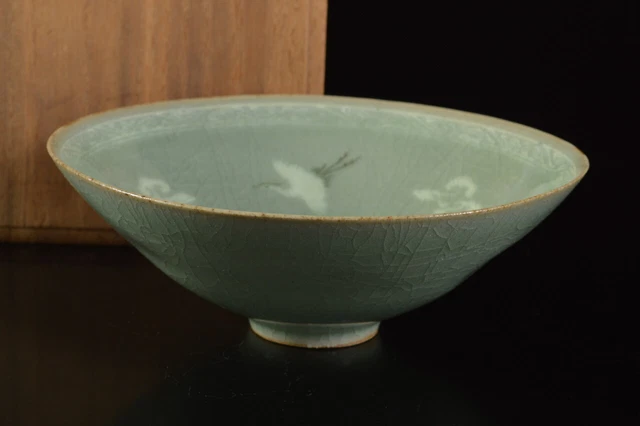 G3161: Korean Goryeo celadon Cloud Crane inlay TEA BOWL Green tea tool w/box