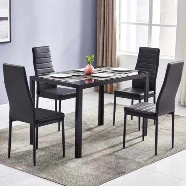 Set of 5 Dining Table Set 1PC Tempered Glass Dining Table and 4 Leather Chairs